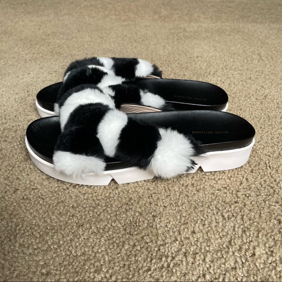 Stuart Weitzman Sublime Rex Rabbit Fur Slide Sandal Sz 41 In Black/White - Picture 7 of 12